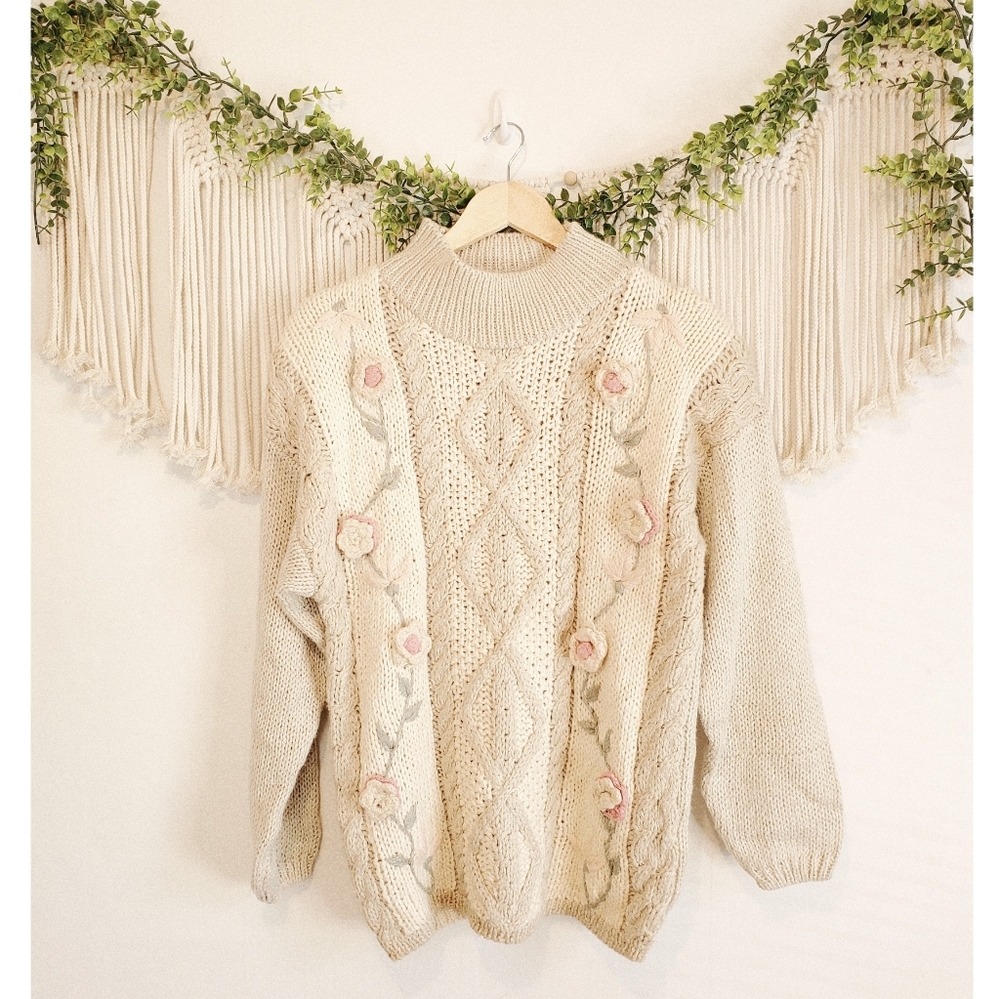 Vintage Cream Cowlneck Cable Knit Sweater with Pink Rose Embroidery